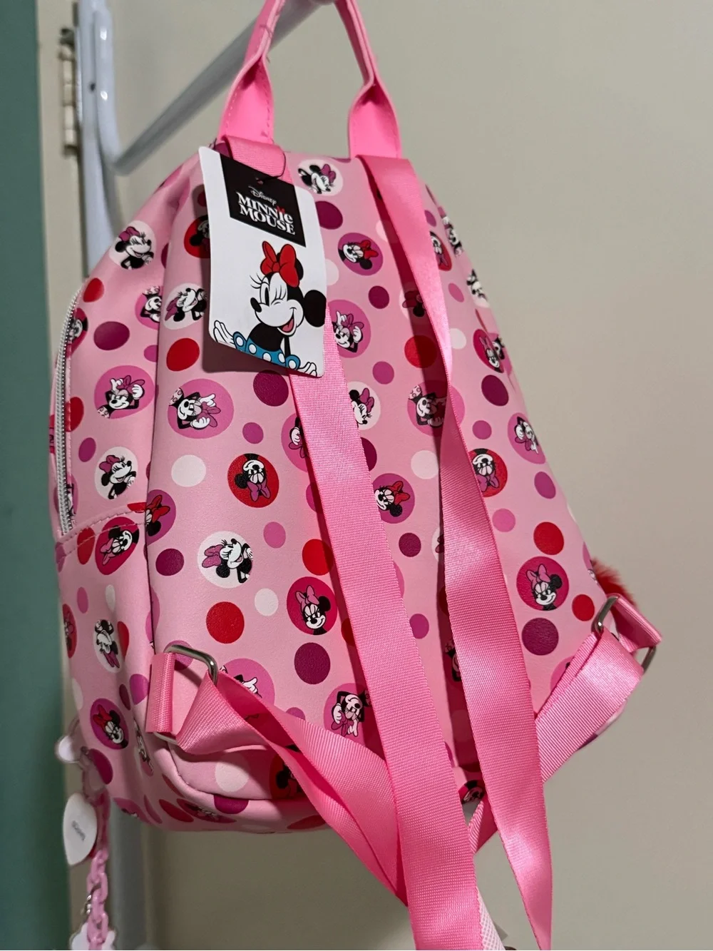 Disney Pink Minnie Mouse Polka Dot Kids Backpack with Pom-Pom Charm